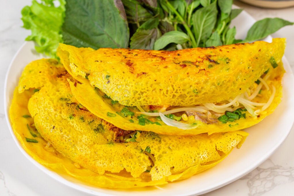 Banh Xeo pancake with shrimp and bean sprouts