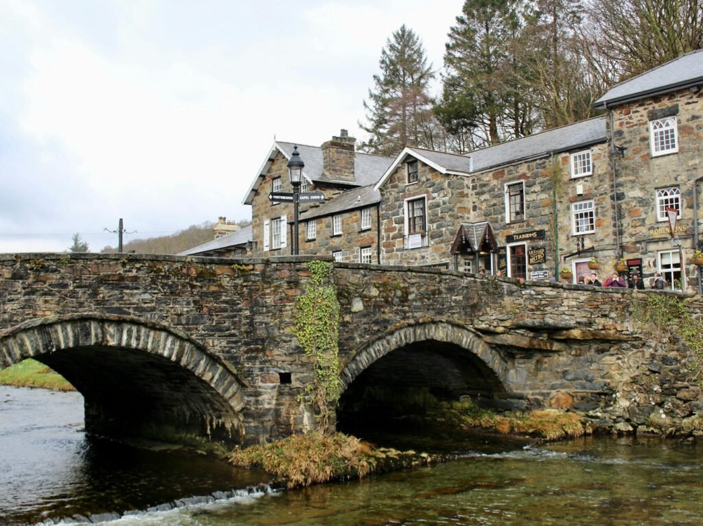 Betws-y-Coed village and stone bridge, Wales