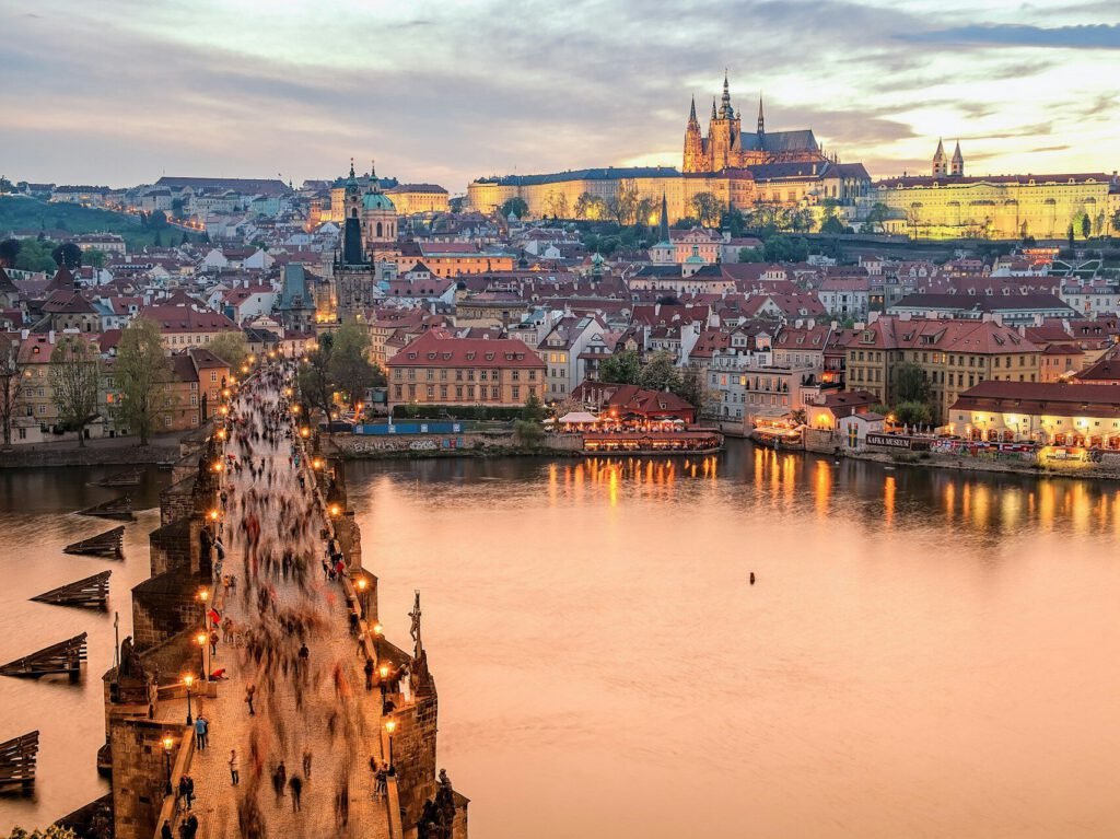 Charles Bridge and Prague Castle at sunset