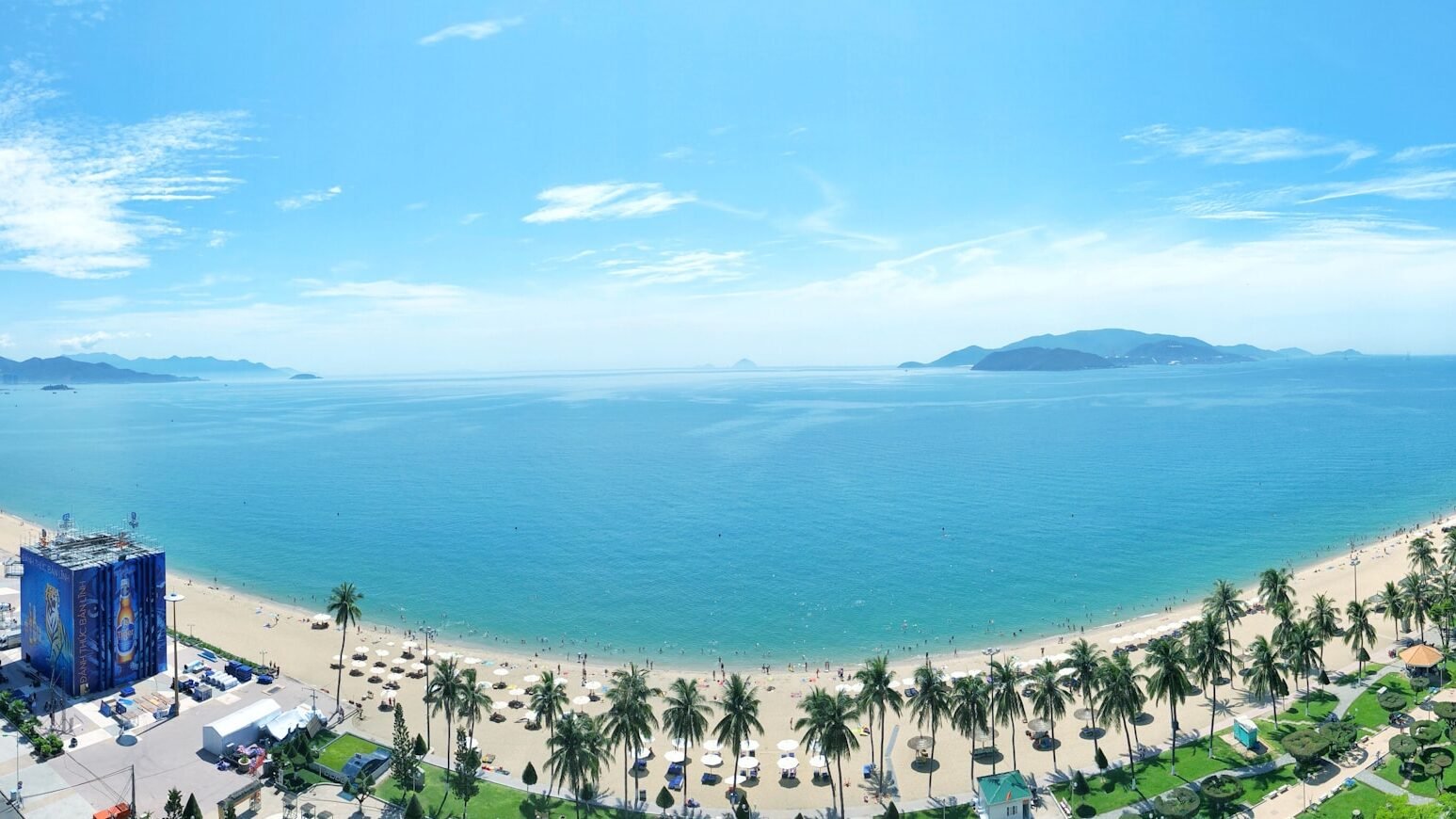 Nha Trang beach with umbrellas and boats