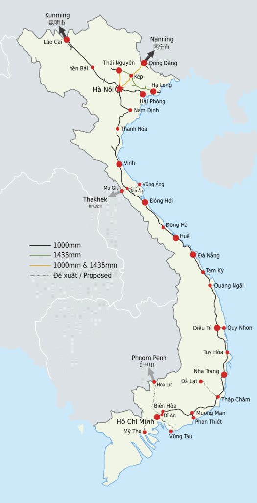 Vietnam railway route map from Hanoi to Da Nang