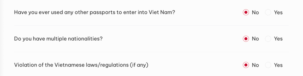 Vietnam e-Visa form example, additional questions — passports, nationalities, law violations