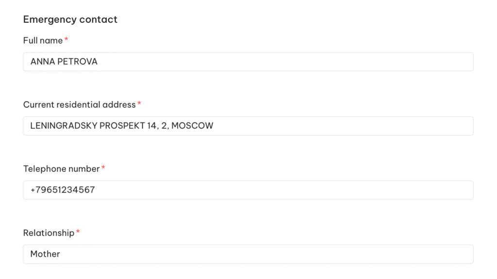 Контакт для экстренной связи — пример заполнения e-Visa во Вьетнам