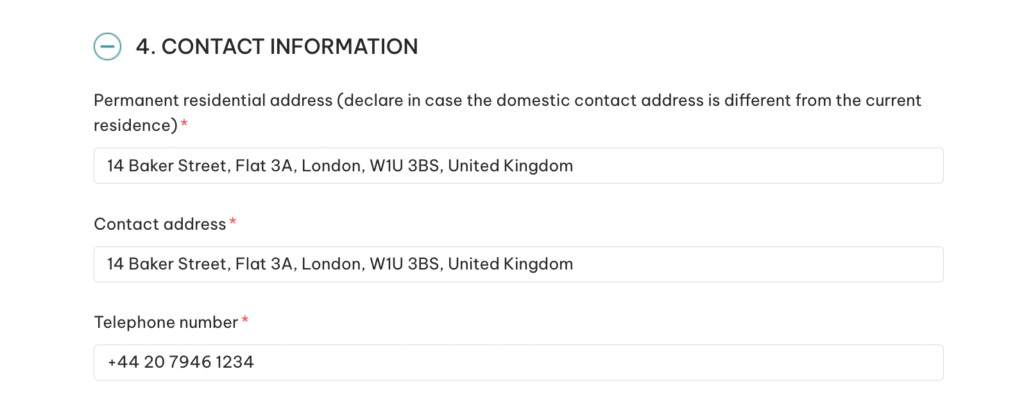 Applicant contact information — Vietnam e-Visa example