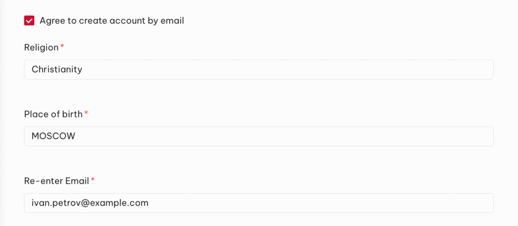 Пример заполнения полей e-Visa «Религия», «Место рождения» и email: электронная виза во ВЬетнам