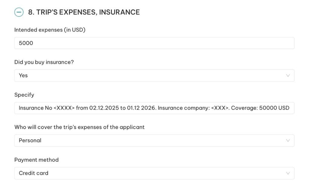Vietnam e-Visa example — trip expenses and insurance