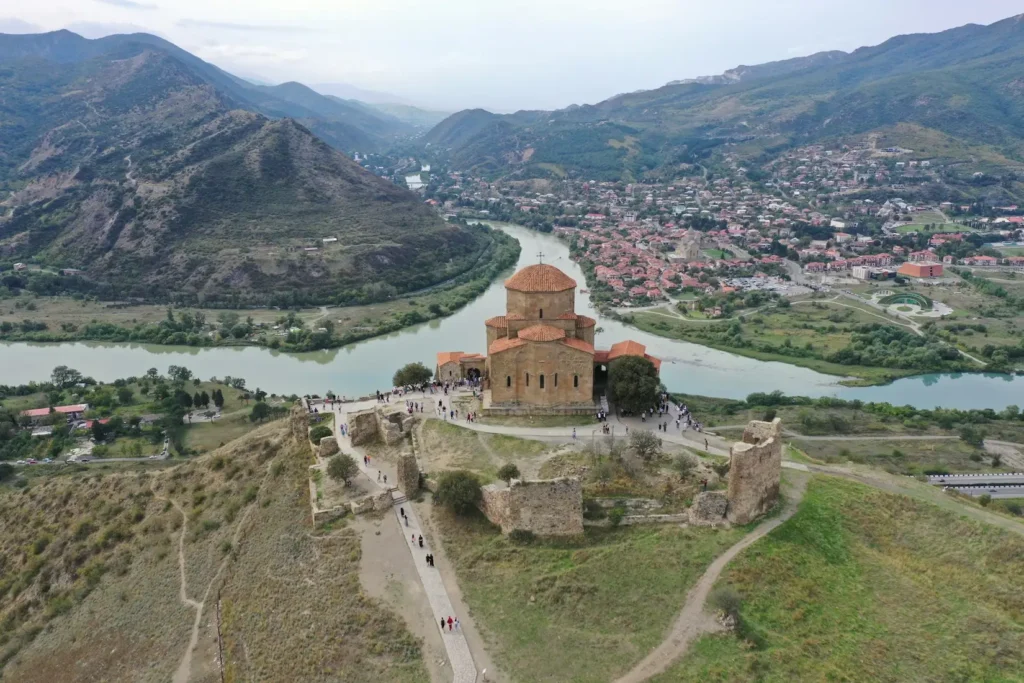 Aerial view of Jvari Monastery overlooking Mtskheta and the confluence of the Aragvi and Kura rivers