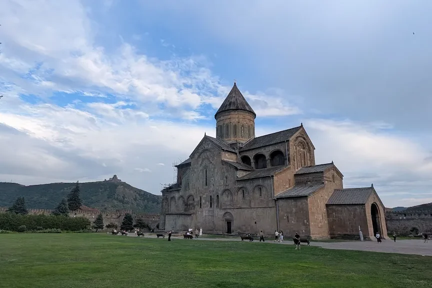Svetitskhoveli Cathedral viewed from its green courtyard in Mtskheta