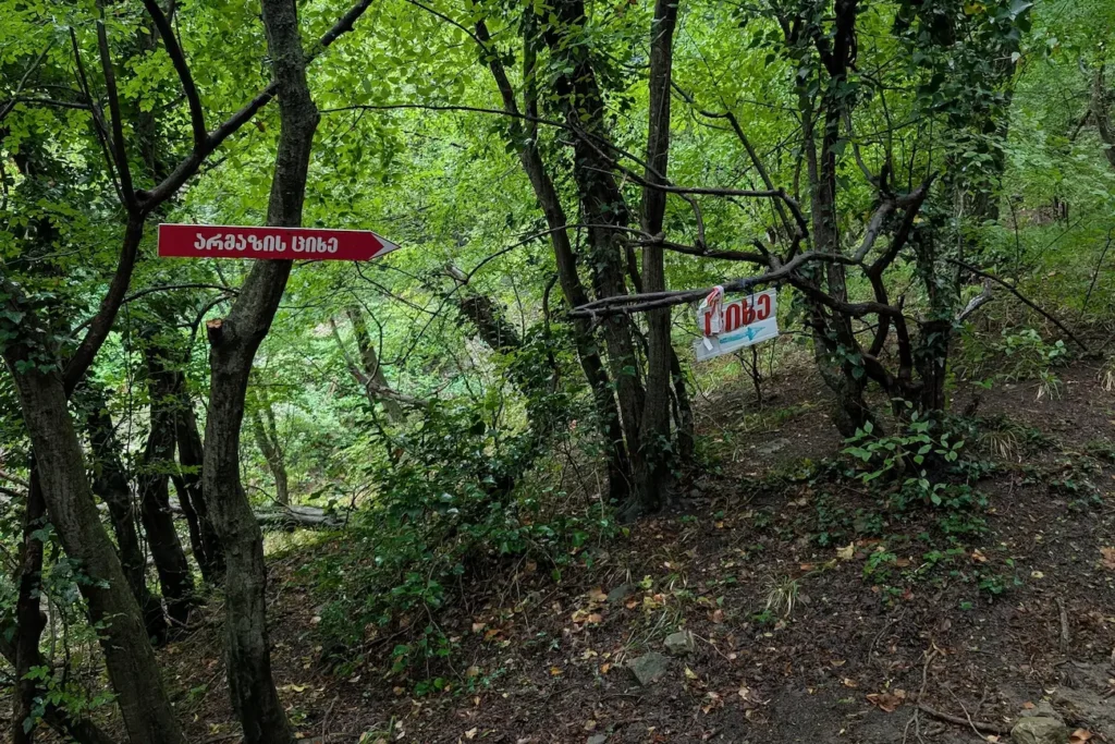A trail sign on the forest trail pointing toward Armazi Fortress near Mtskheta