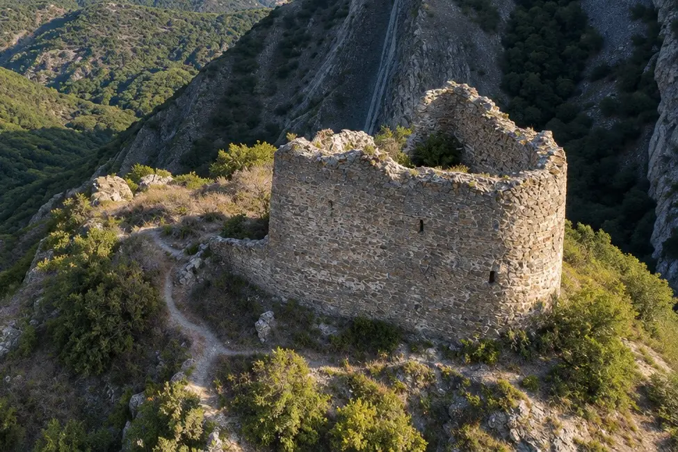View of the roofless medieval Armazi Fortress on a rocky ridge above Armazi Gorge