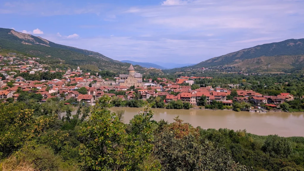 View of Mtskheta, Svetitskhoveli Cathedral, and the Kura River from Armaztsikhe–Bagineti