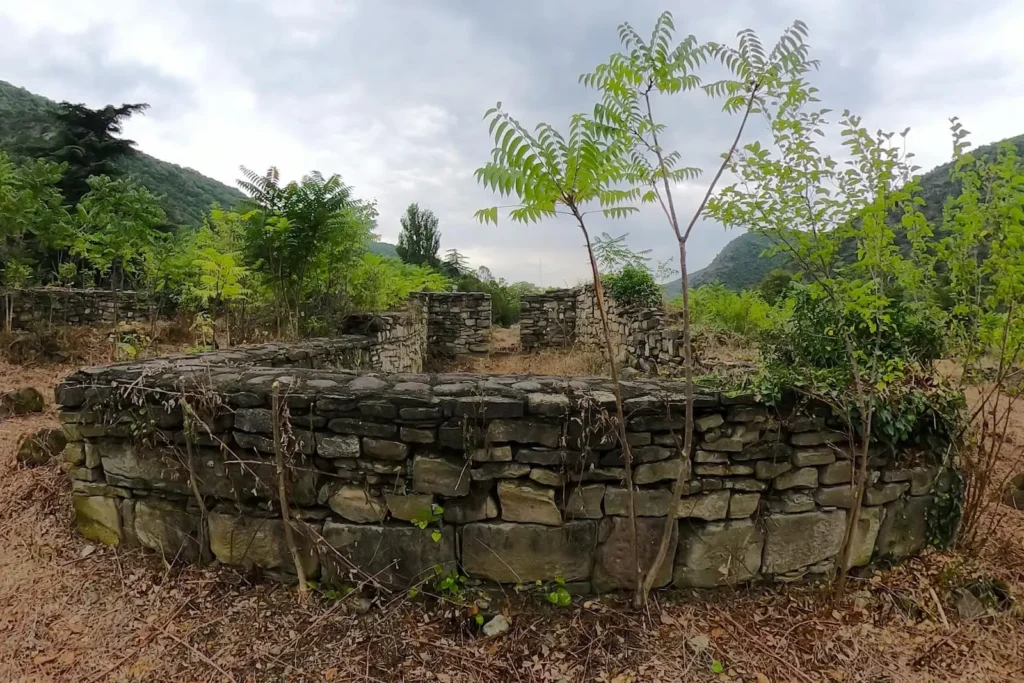Low stone foundations of the Pitiakhshi residence surrounded by trees at Armaziskhevi