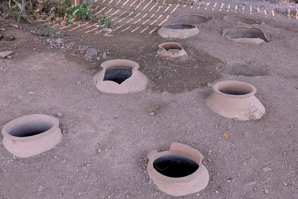 Qvevri openings in the excavated ancient wine cellar at Armaztsikhe–Bagineti